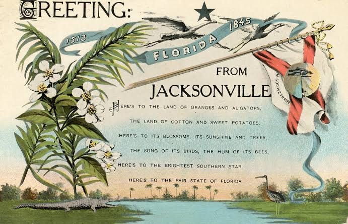 Antique postcard reading Greeting from Jacksonville, Florida, with palms, orange blossoms, cranes, an alligator, and a toast to the land of oranges and alligators